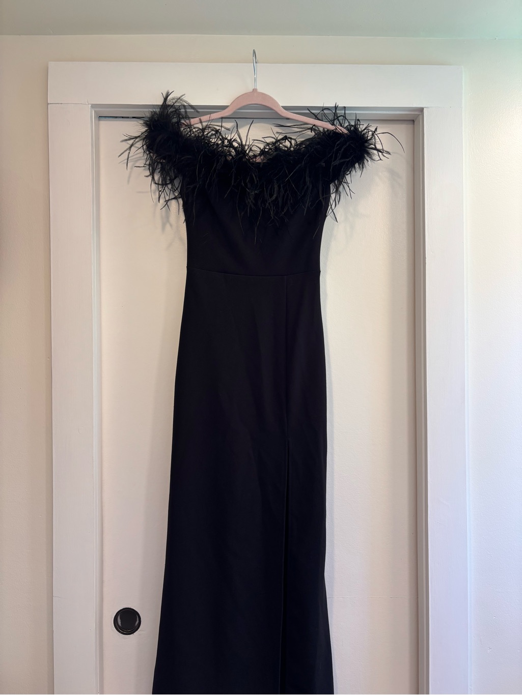 B Darlin Black Strapless Feather-Trim Evening Gown